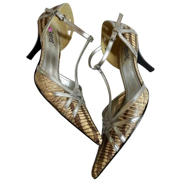 Carlos Santana Taupe and Silver T-Strap Revenge Heels Size 8 M Pointed Toe - Picture 5 of 9